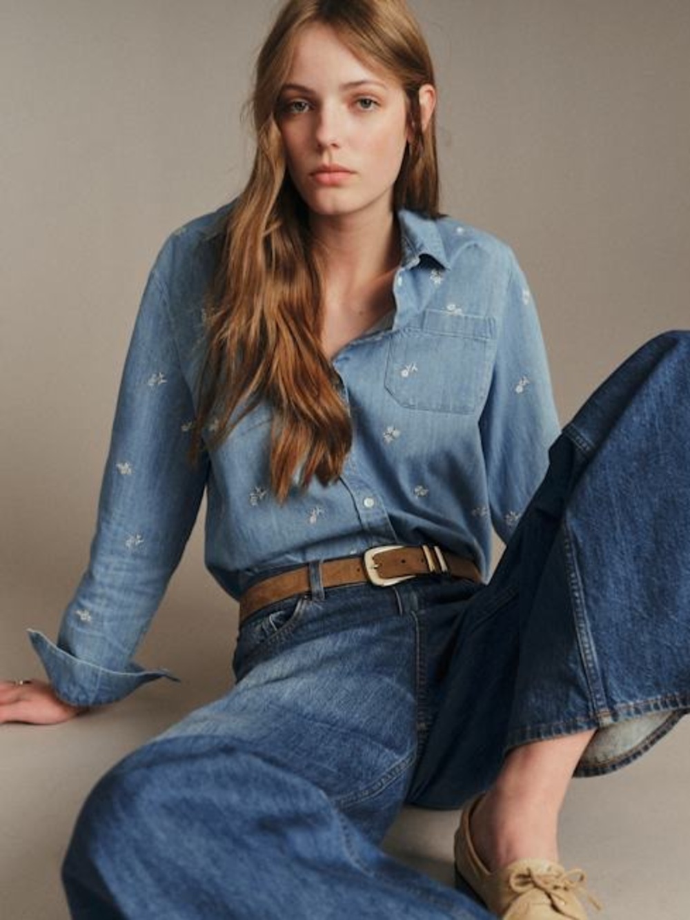 Sezane Tomboy Floral Embroidered Denim Button Up Shirt | Blue / White | Medium
